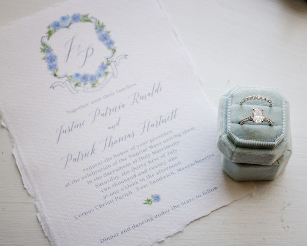 Wedding invitation suite with delicate blue floral design and velvet ring box.