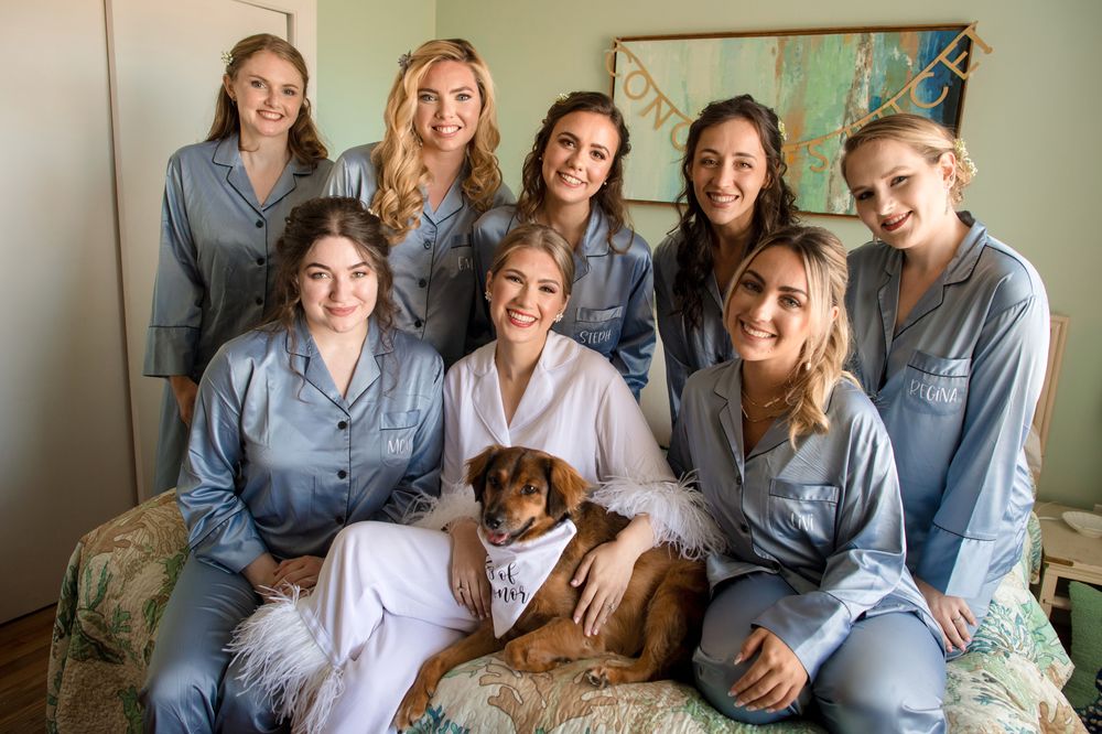 Wedding party group photo with dog sitting together on couch.