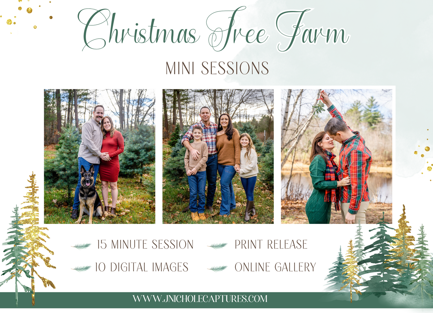 Marketing template for Christmas tree farm mini photo sessions with sample family portraits.