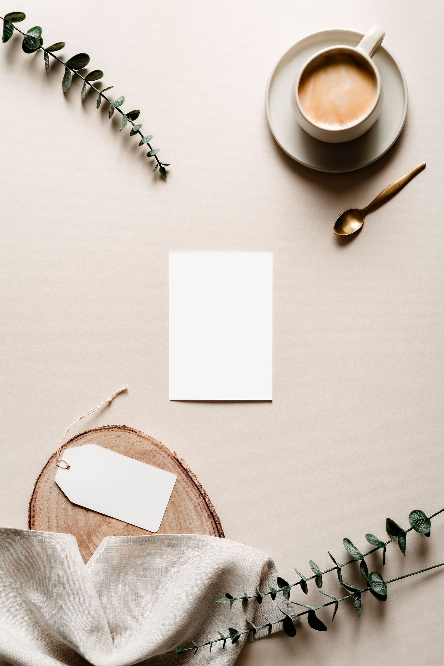 white card and gift tag mock-up with coffee and foliage on neutral backdrop, stylish, minimal, calligrapher, designer