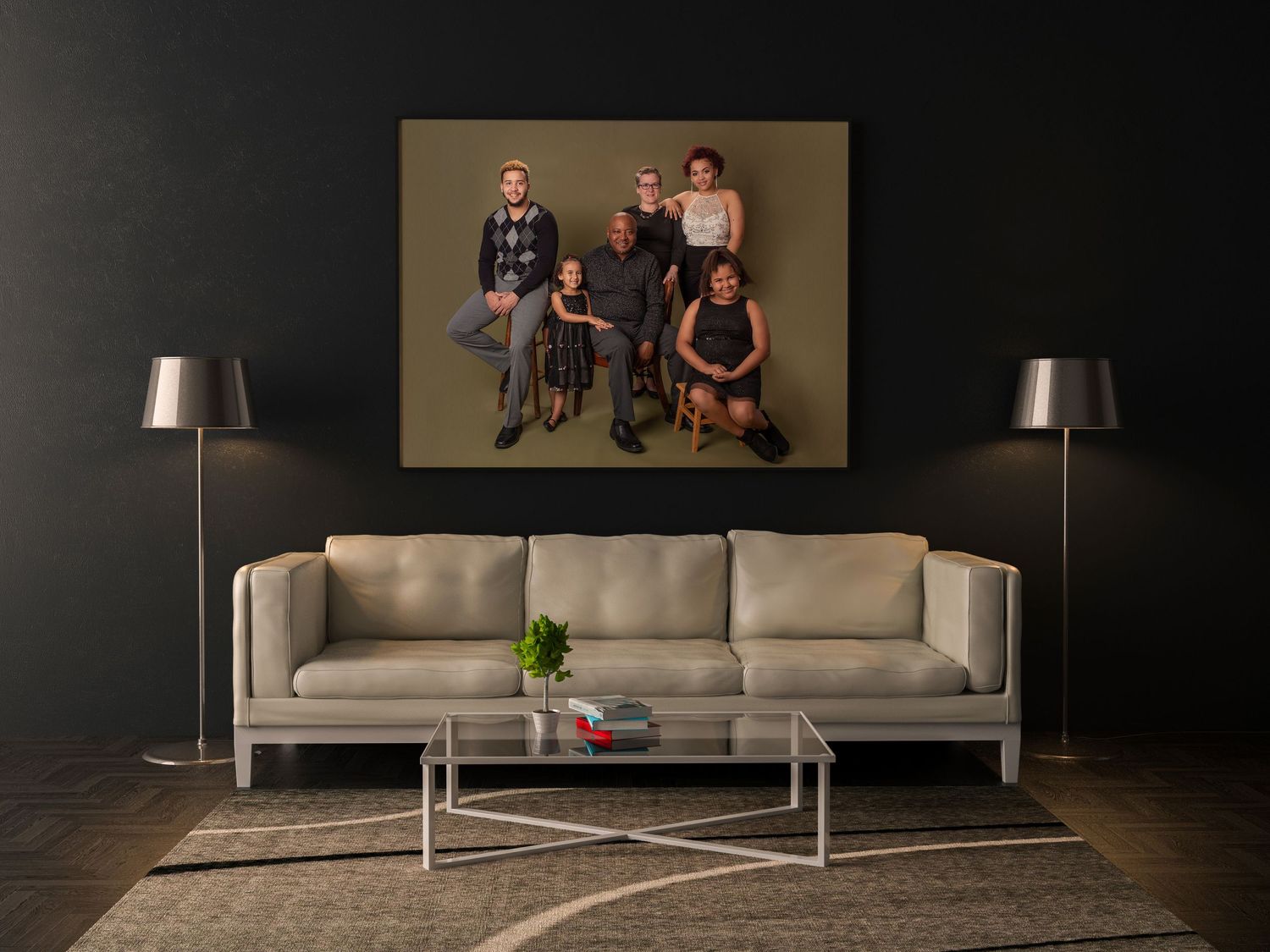 Dark wall with family portrait hung above cream colored couch; Lexington, SC studio photography