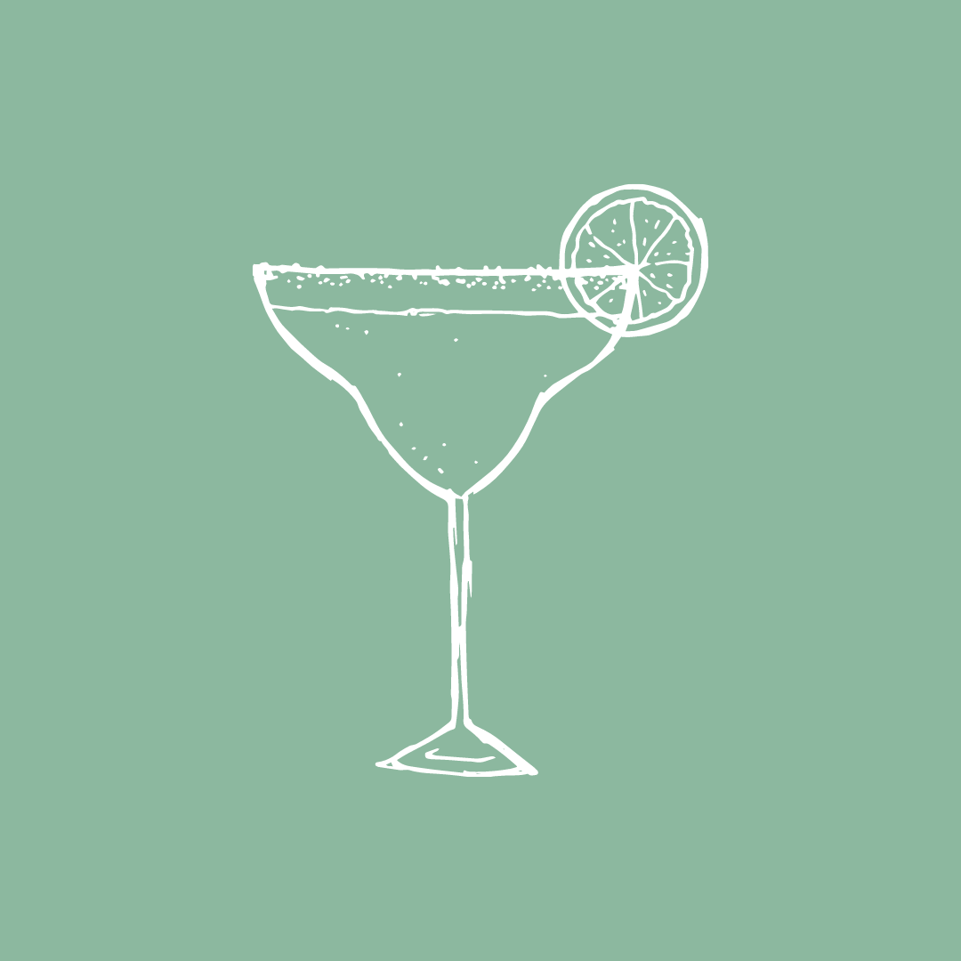 Minimalist white line drawing of a margarita glass with lime garnish on mint green background.
