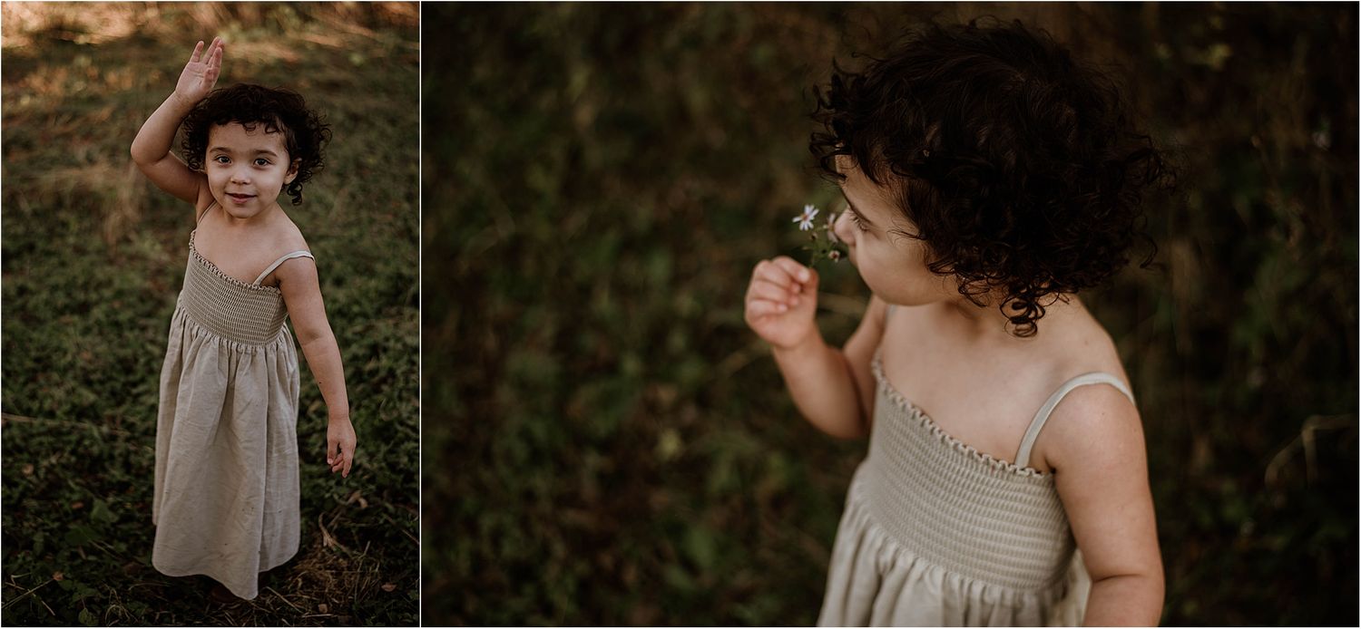 Playful lifestyle portraits in a natural outdoor setting during golden hour.