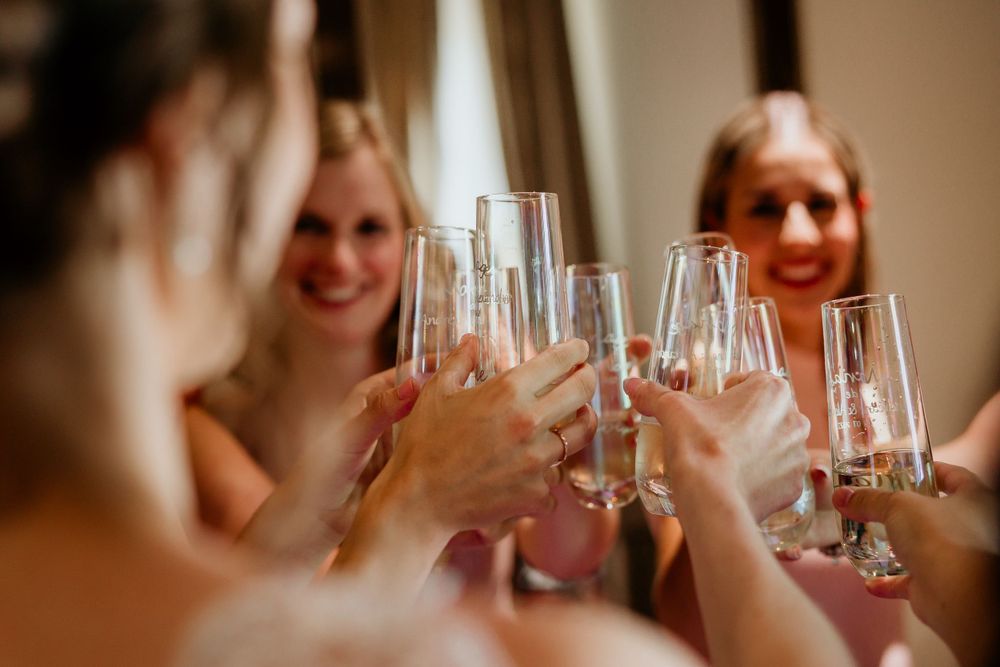 Wedding party toasting with champagne glasses during celebration.