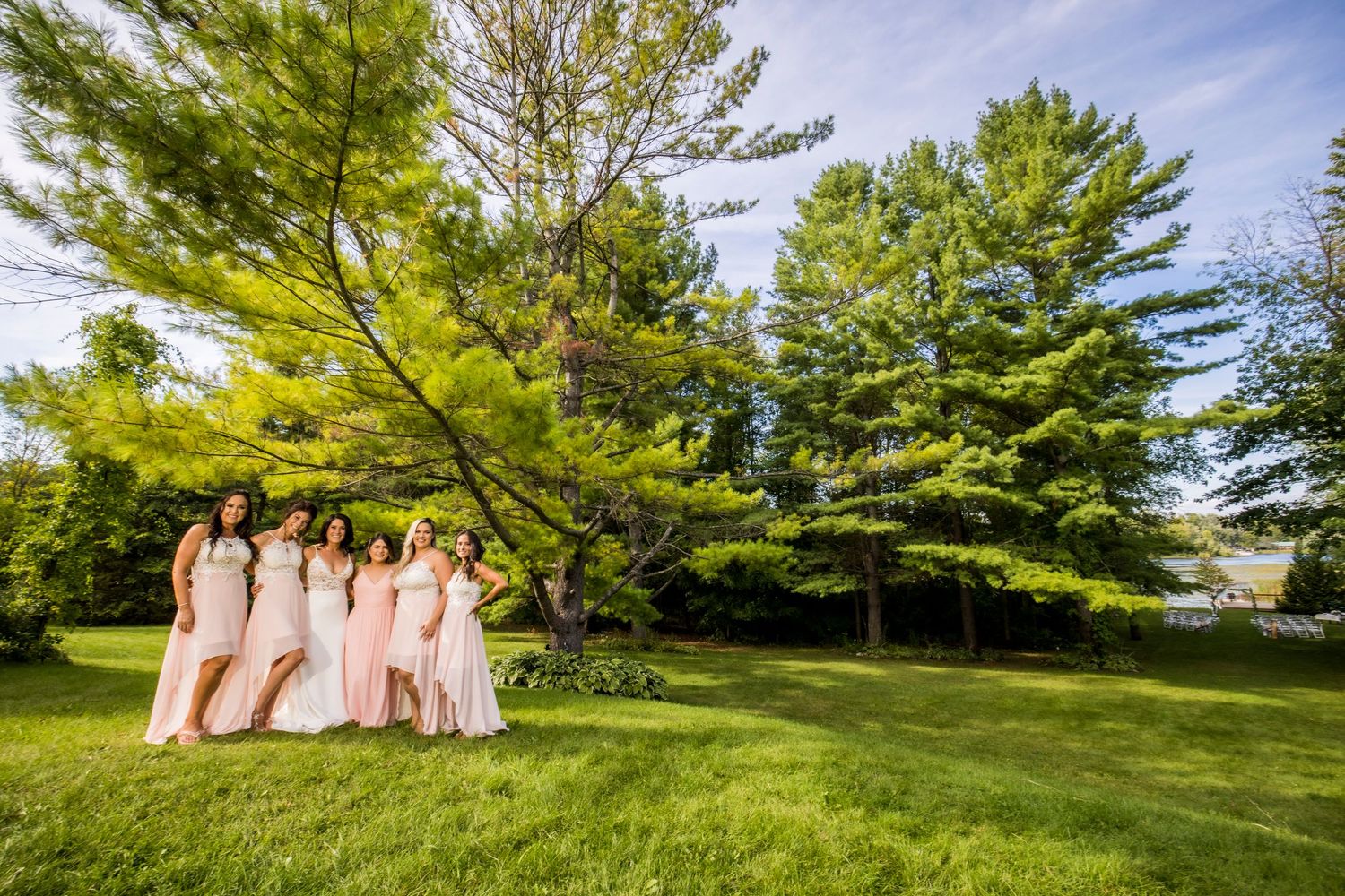 Bridesmaids in pink dresses pose together on a lush green hillside with evergreen trees.