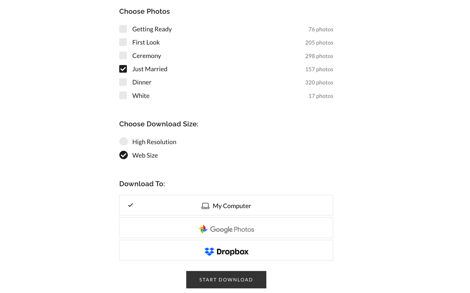 Wedding photo download interface with category selection, web size option, and Dropbox download destination.