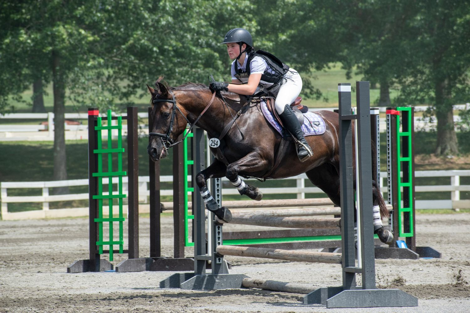 black horse jumping over brown poles with rider