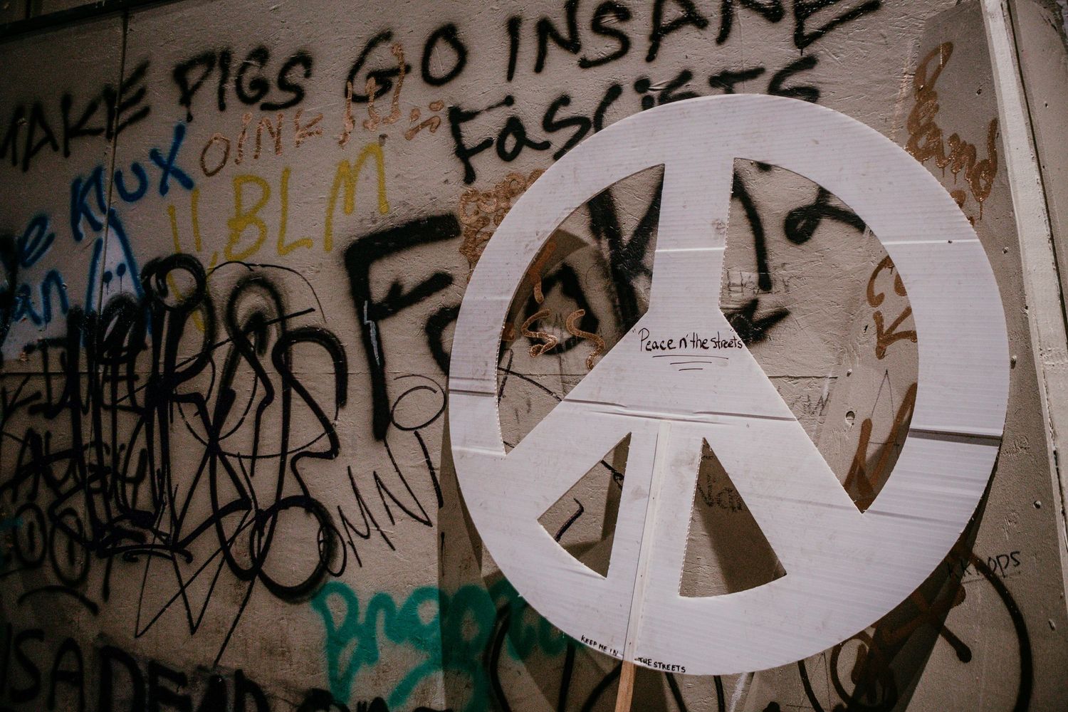 Peace sign in front of grafitti at federal courthouse Portland Or BLM protests photojournalist