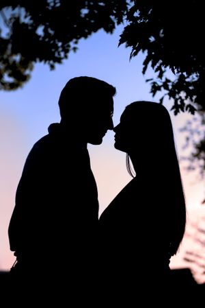 A silhouette of a young couple nose to nose