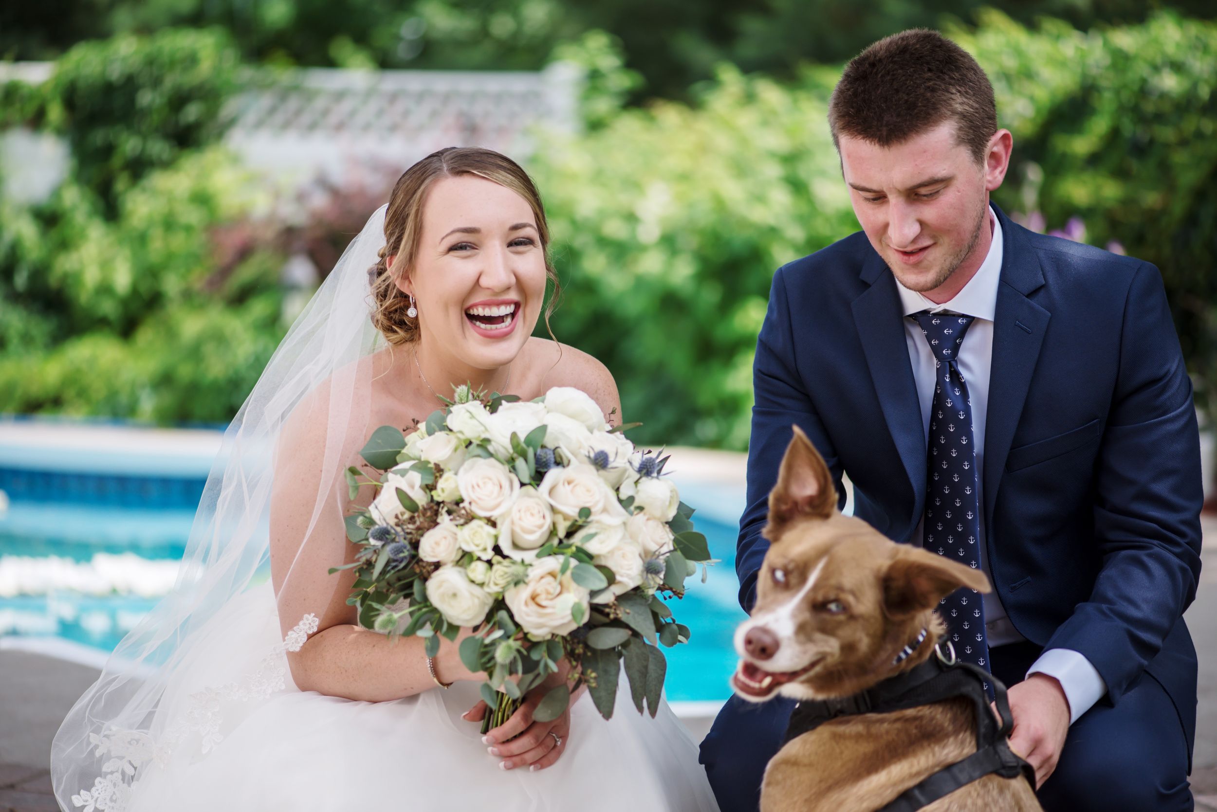 A bride and groom crouching down with their dog