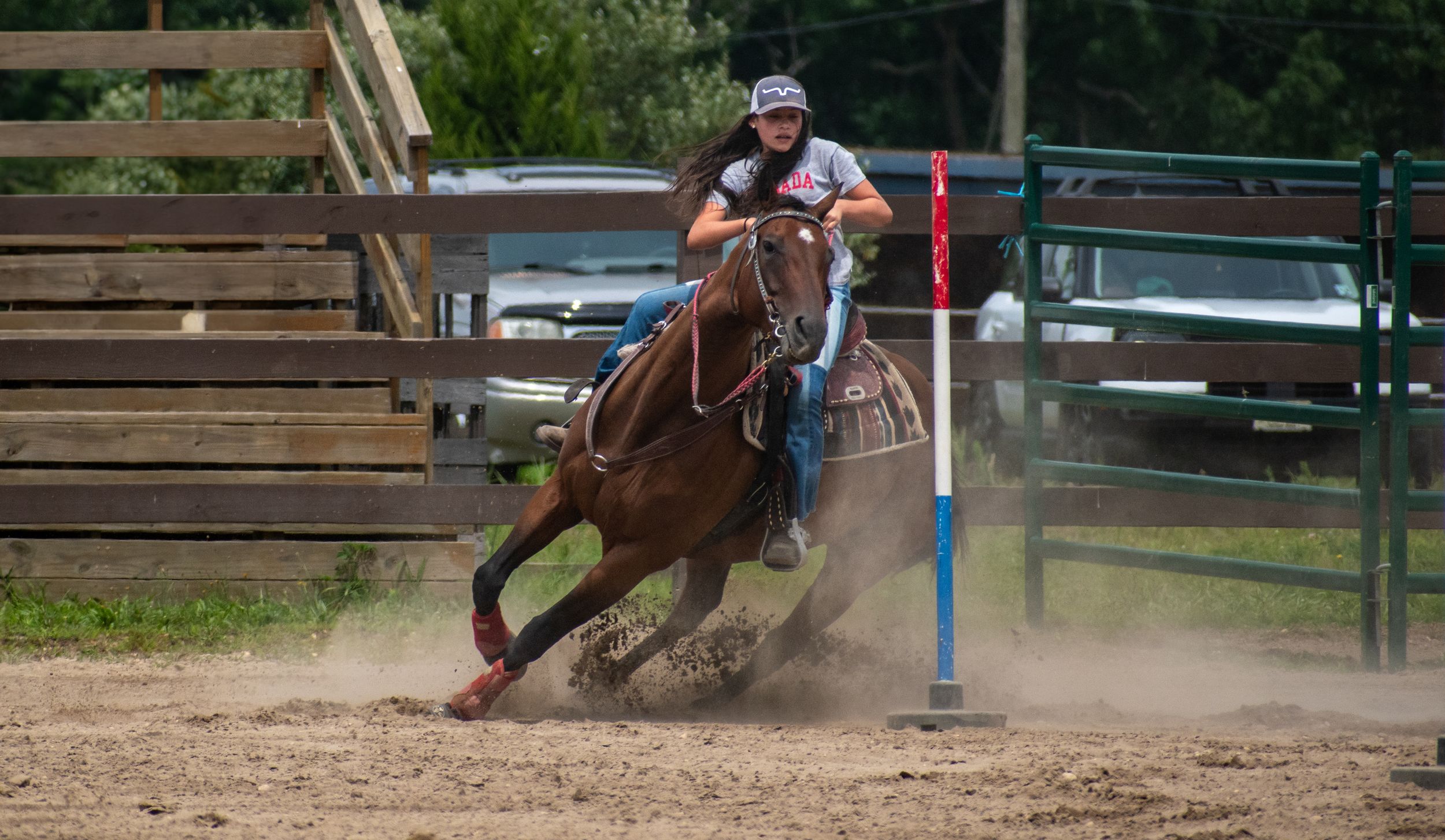 Horse and rider running around pole