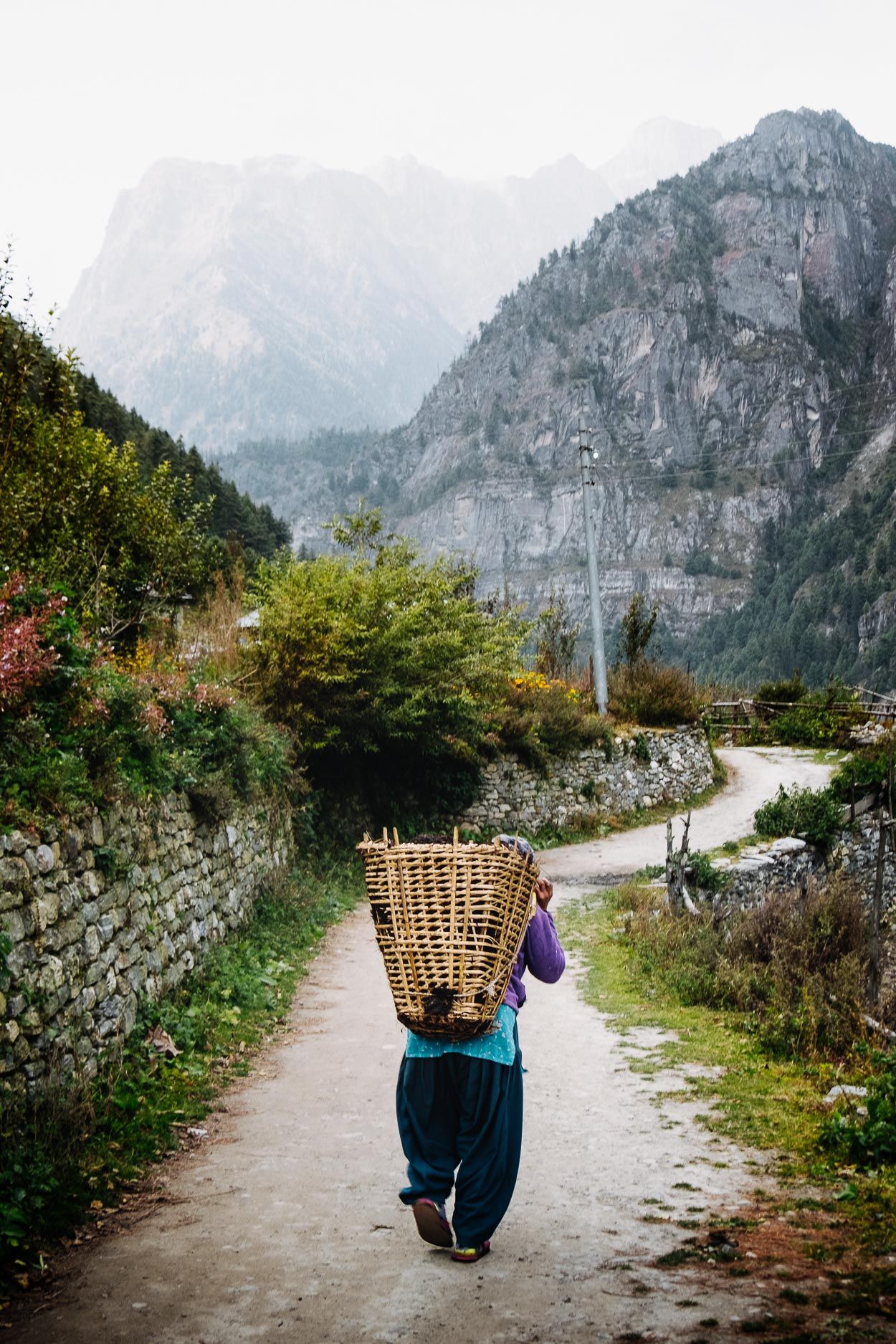 Person carrying traditional woven basket walks along misty mountain path in Vietnam with dramatic peaks in background.