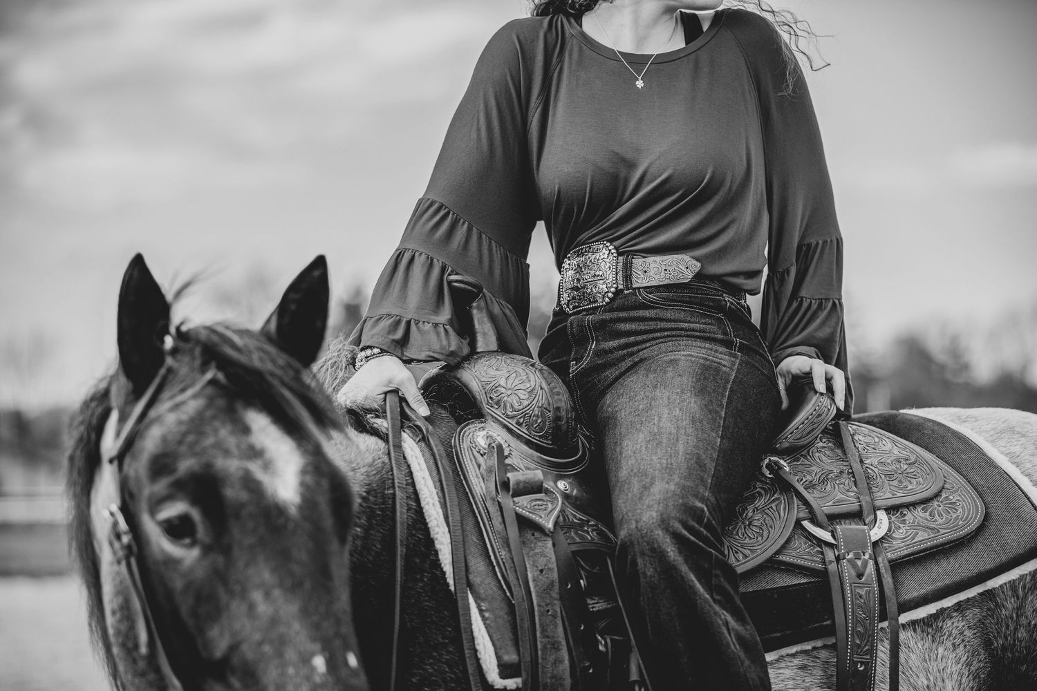 Detailed horse and rider looking off in the distance black and white