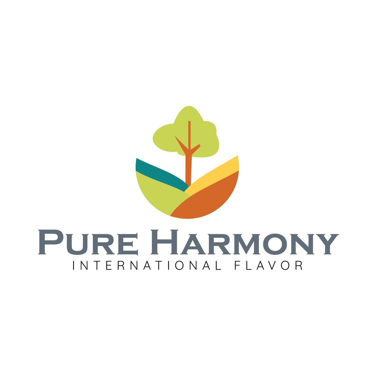 Pure Harmony logo design featuring stylized tree in green and orange circular shape.
