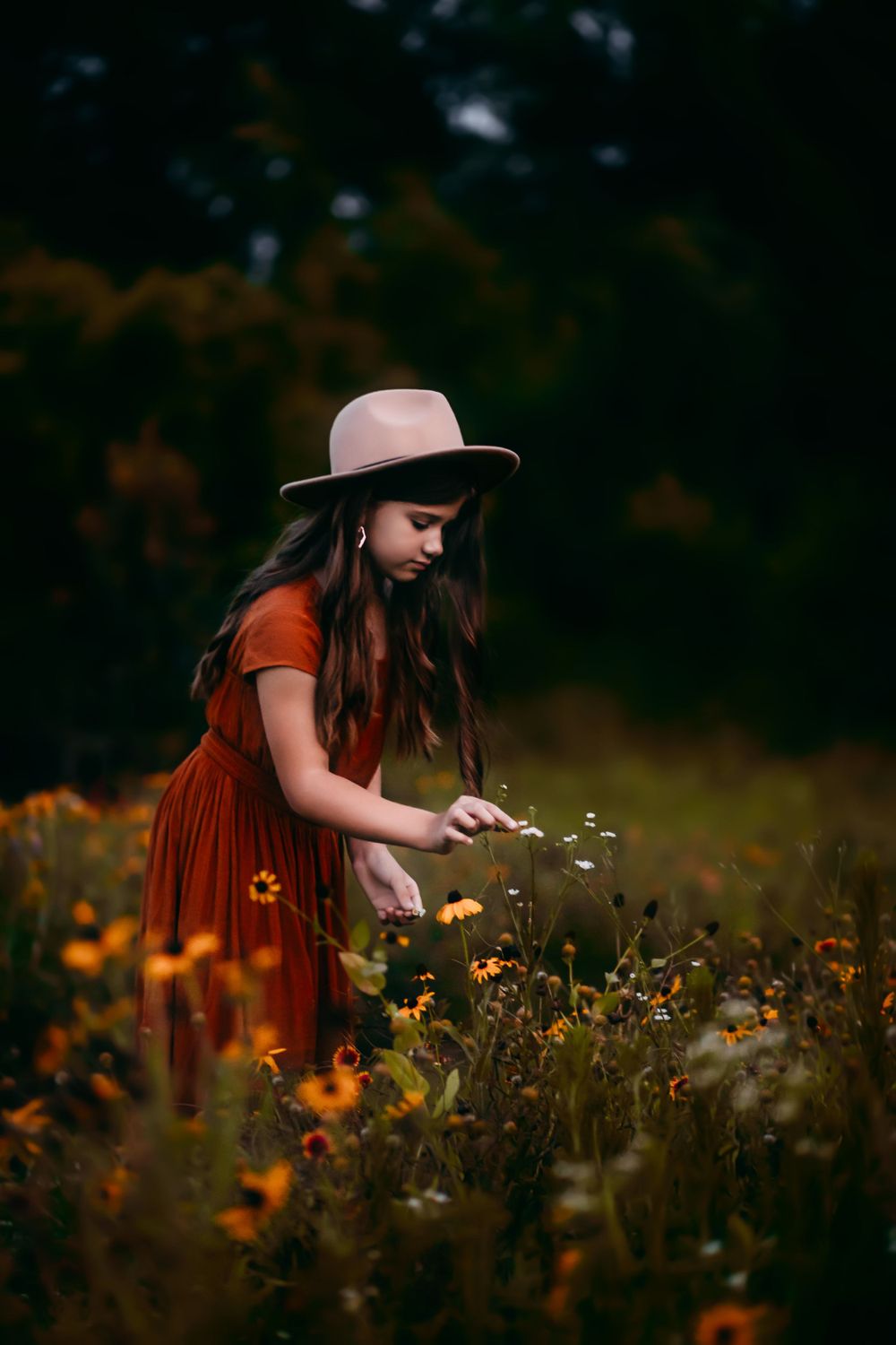 A figure in a red dress and brown hat gathers flowers in a meadow at dusk.