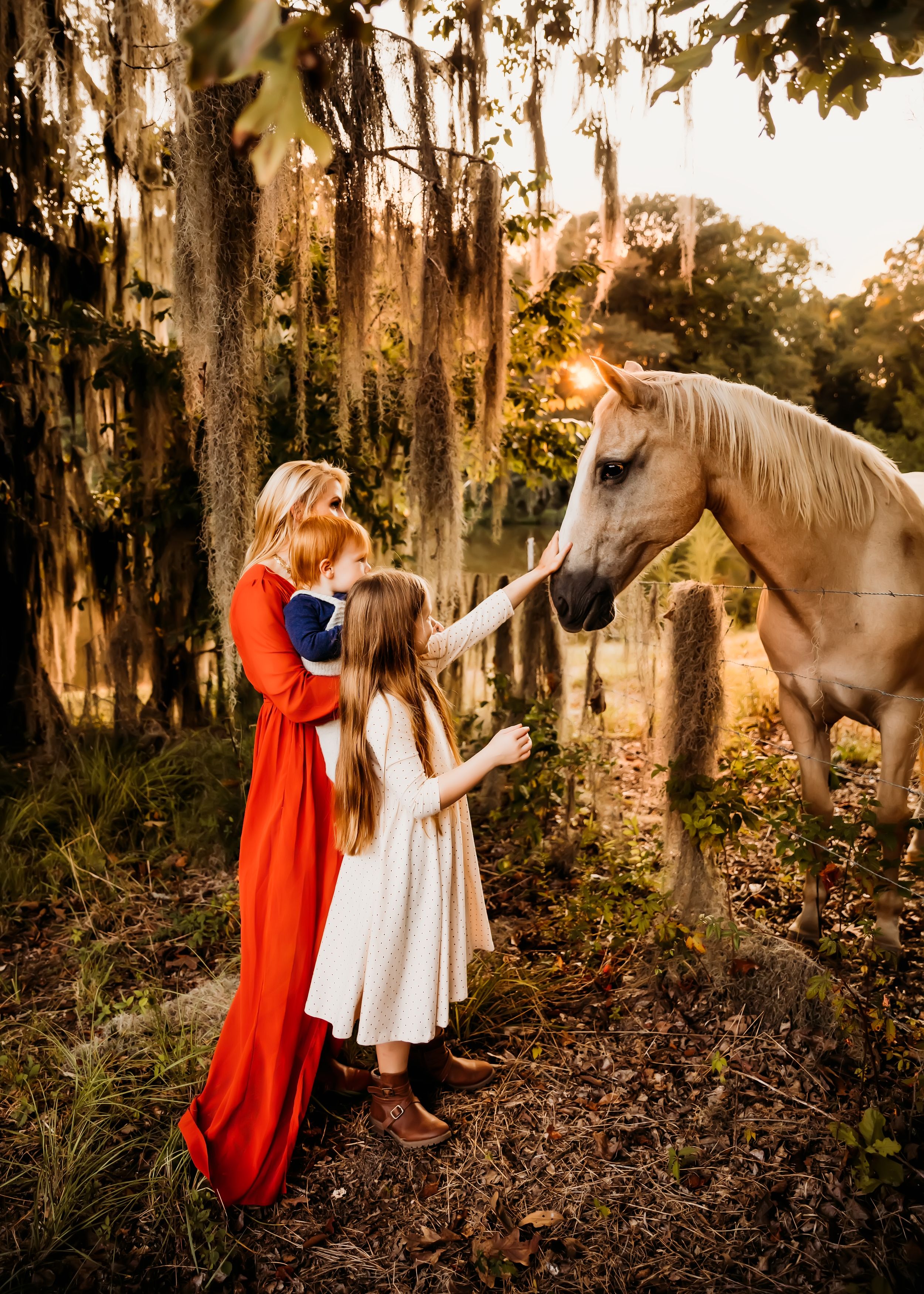 A magical forest scene with a white horse greeting two people in red and white dresses beneath Spanish moss-draped trees.