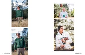 Athletic portrait session in outdoor field and forest settings featuring casual and sports attire.