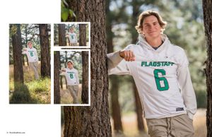 Sports portrait against pine trees wearing white jersey number 6.