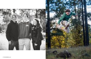 Family portrait and action shot of person jumping in outdoor setting.