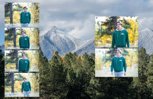 Multiple photo collage featuring green athletic wear against mountain landscape backdrop.