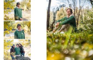 Photo collection mixing solo portraits and group shots in outdoor natural settings.