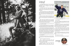 Black and white editorial spread showing lifestyle photography and article text layout.