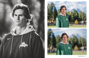 Contrasting black and white and color portraits with mountain backdrop.
