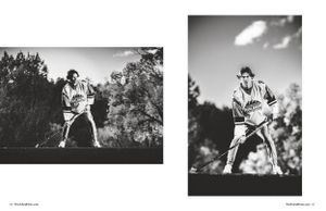 Black and white photo series of athletic pose against natural backdrop.