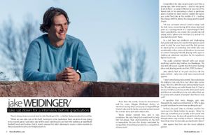 Editorial magazine spread with article text and portrait of person in blue sweater.