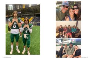 Athletes in green and white uniforms pose together on sports field alongside family gathering photos.