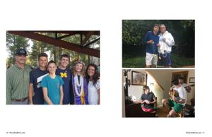 Collection of group photos showing gatherings under a porch and casual outdoor settings.