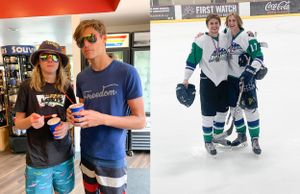 Hockey players in jerseys at an ice rink paired with casual photo at a concession stand.