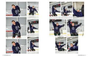 Hockey action shots showing player celebrations and jumps on ice rink.
