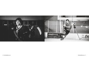 Black and white sports photos showing hockey players in dramatic lighting.