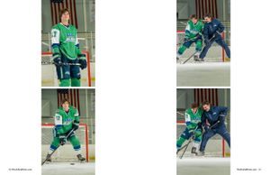 Action shots of hockey players in green and blue uniforms during gameplay.