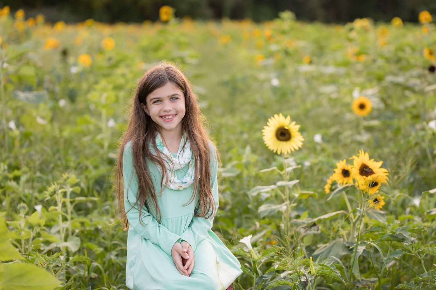 young girl in green dress in sunflower field at ward's farm in salem new jersey at sunset