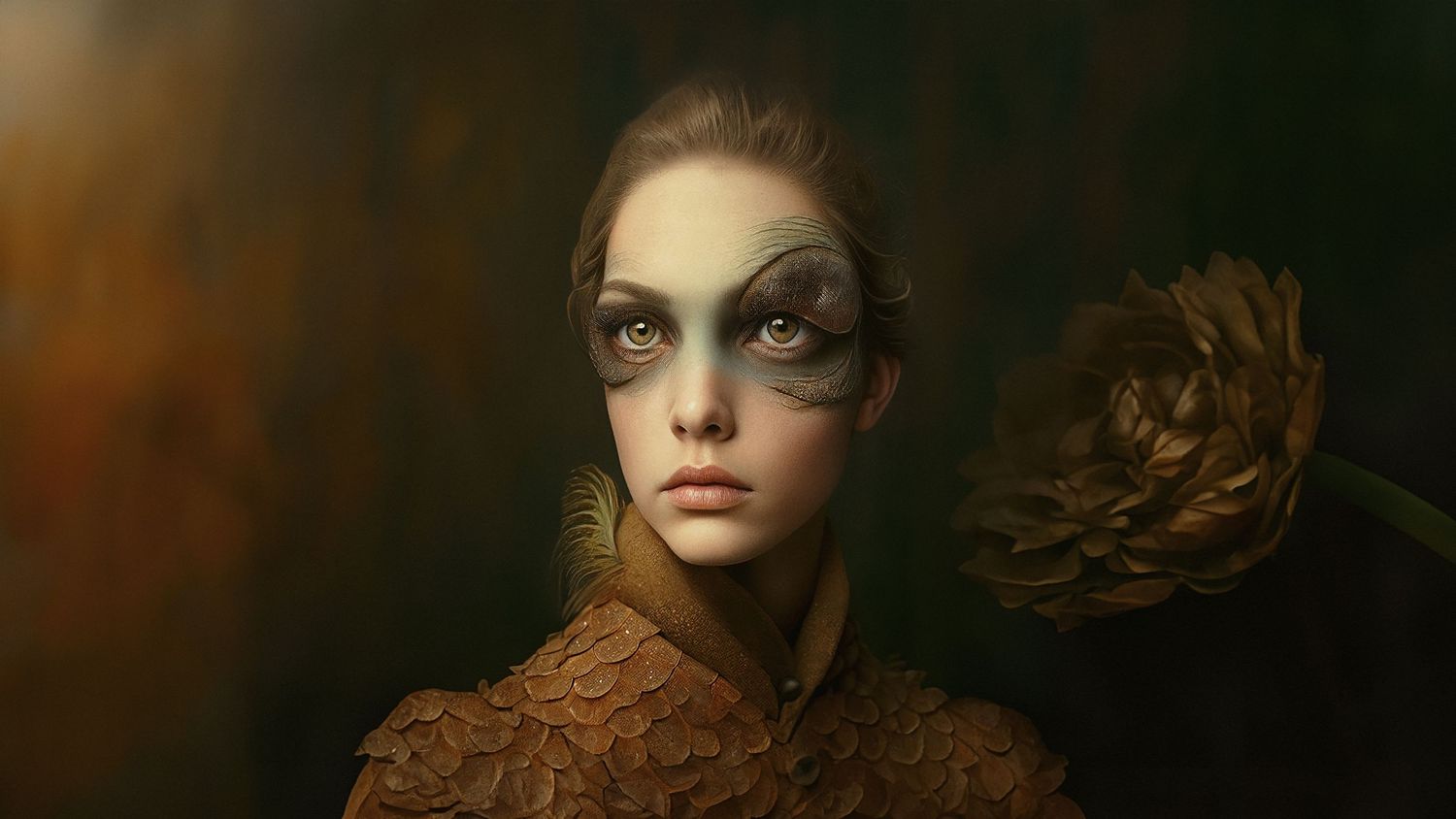 Fine art portrait with dramatic brown tones and ethereal styling featuring ruffled vintage collar and dark backdrop.