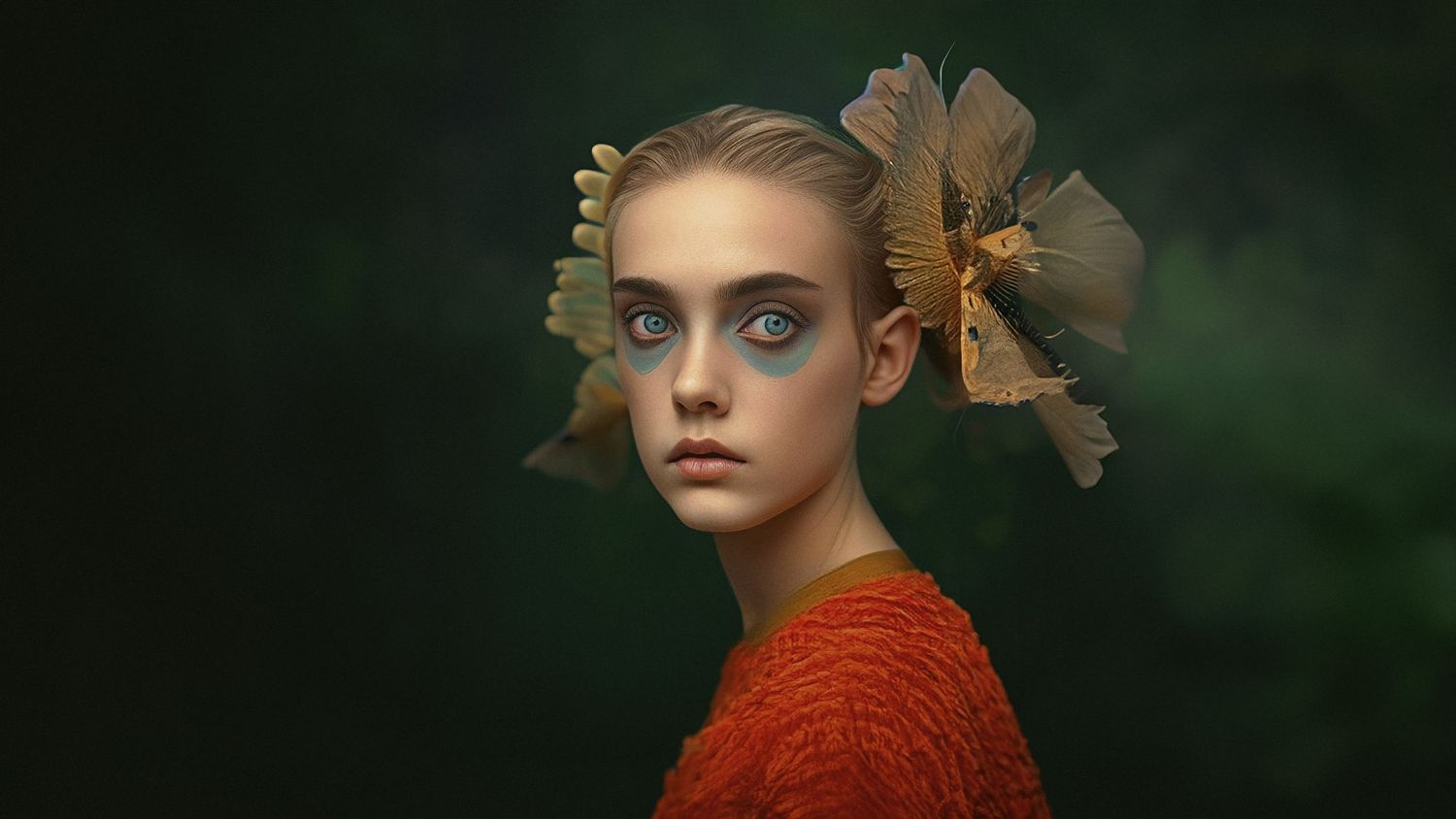Artistic portrait with beige floral accessories and orange sweater against green backdrop.