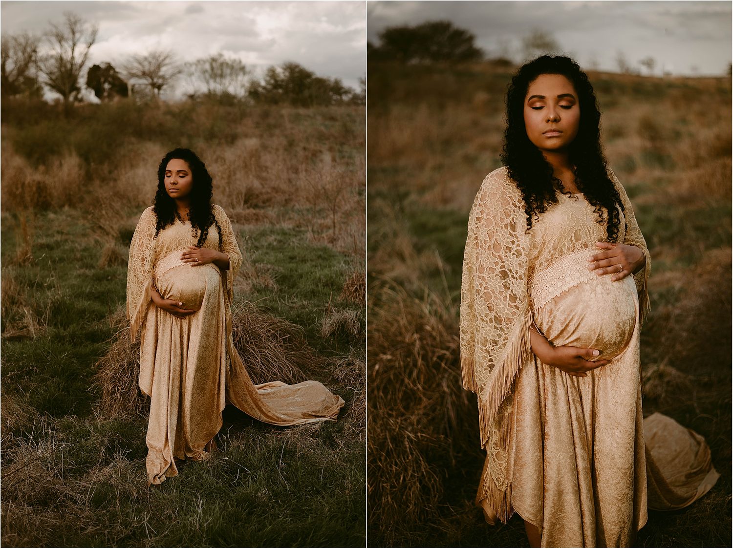 Side-by-side maternity photos showcasing a flowing cream dress in a natural outdoor setting.