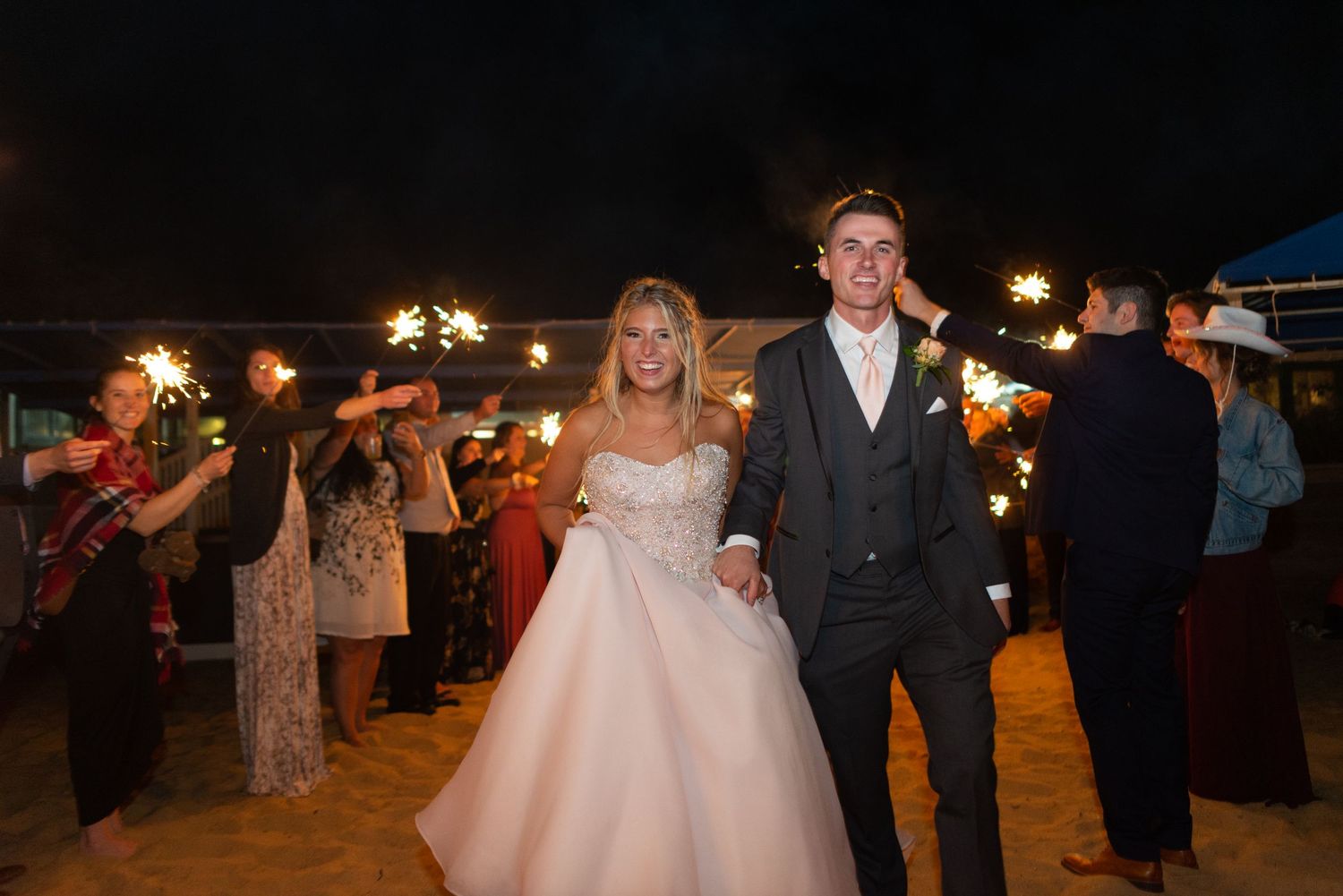 Sparkler Send-off wedding bride groom exit Mashpee Cape Cod beach Leah Ramuglia Photography