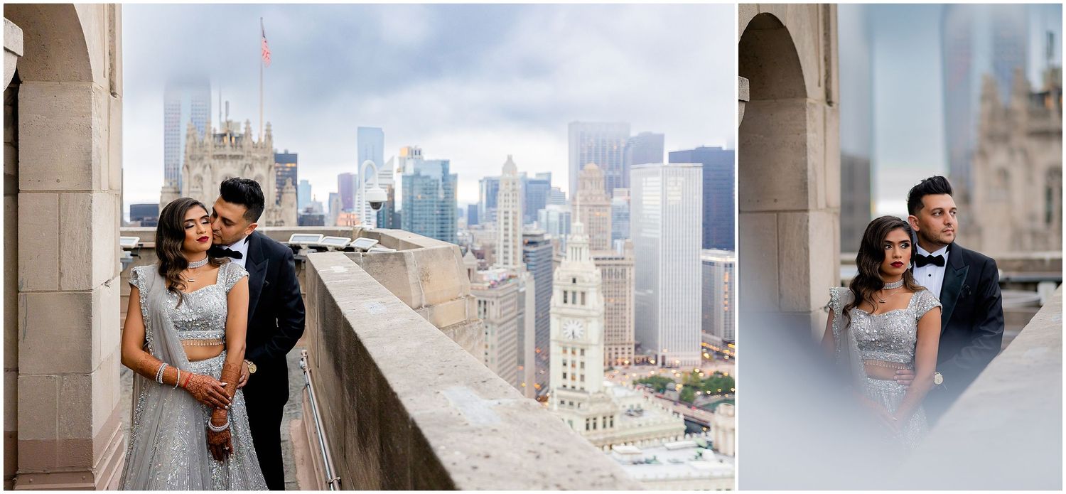 Romantic rooftop portrait session featuring Chicago's urban architecture and skyline.