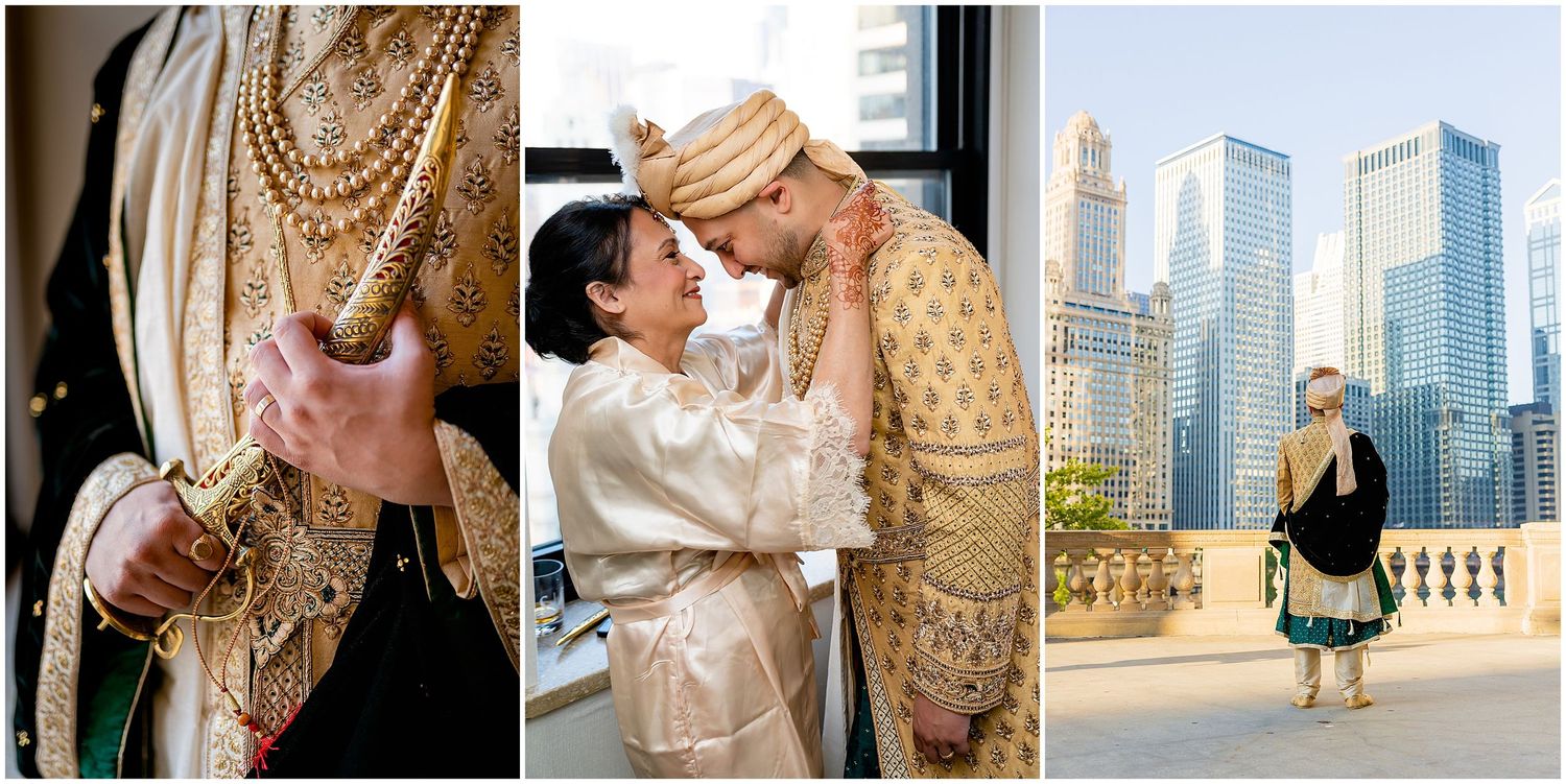 Elegant gold jewelry details and traditional wedding attire collage in urban setting.