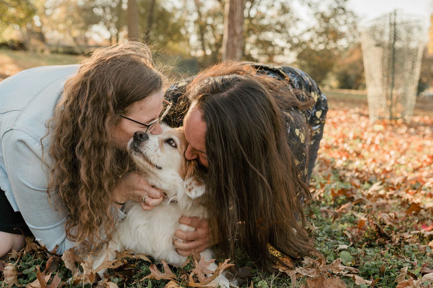 A joyful autumn photoshoot with a white dog and its owner in a park with fallen leaves.