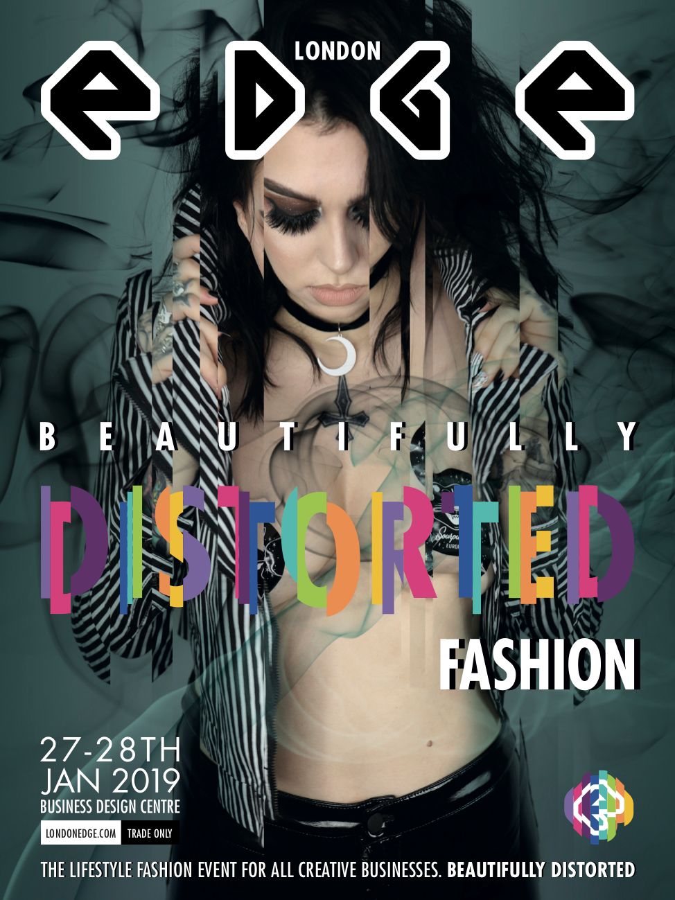 London Edge magazine cover with gothic alternative tattooed model for a trade show in London.