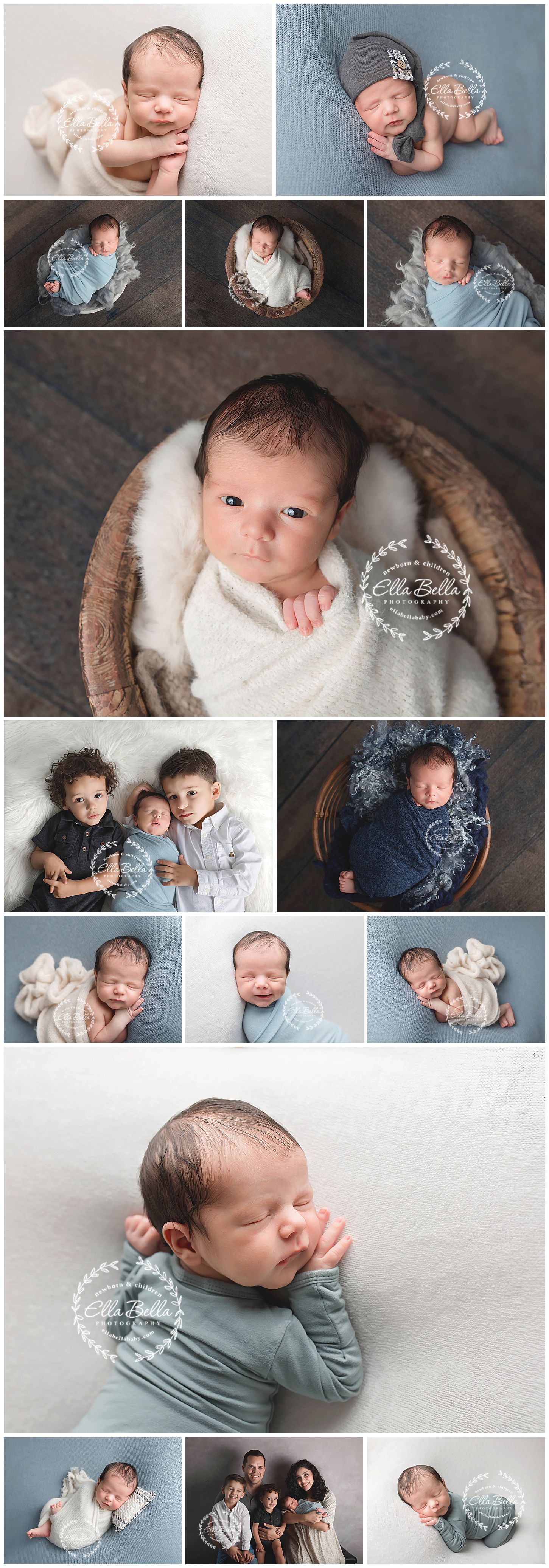 Collage of professional newborn photography with various poses and family shots.