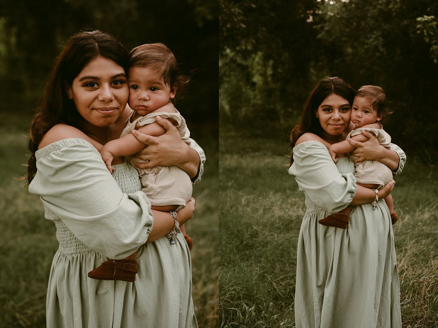 Two similar photos of a warm embrace between parent and child in a dreamy outdoor setting.