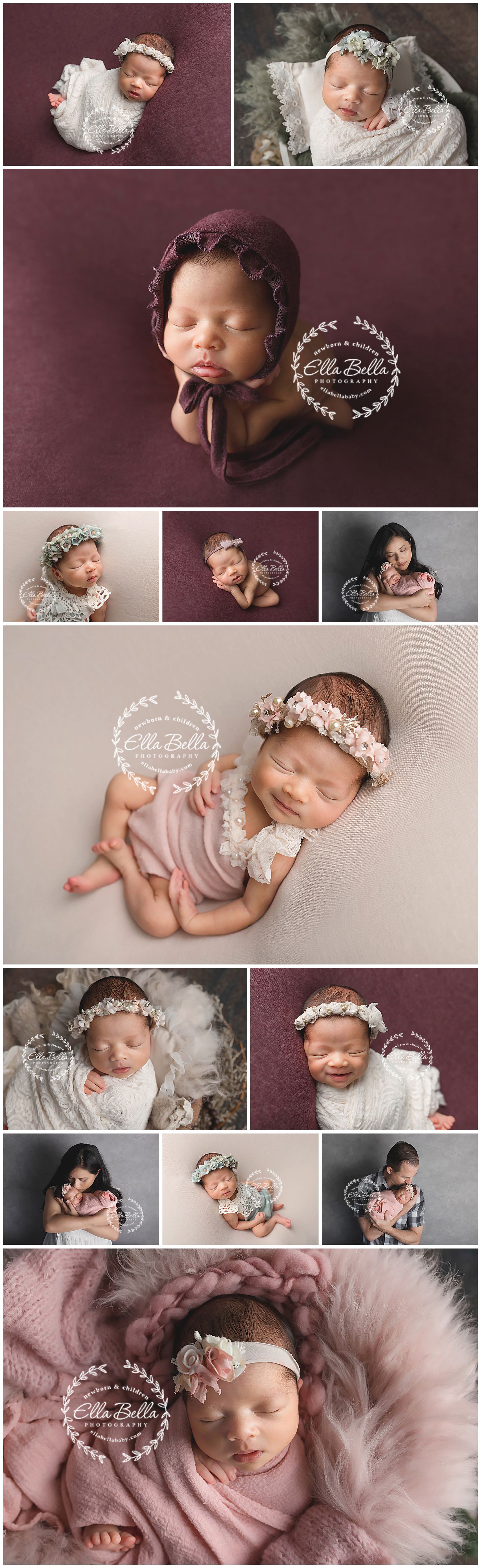 Vintage style newborn photography with lace bonnets and soft pink tones.