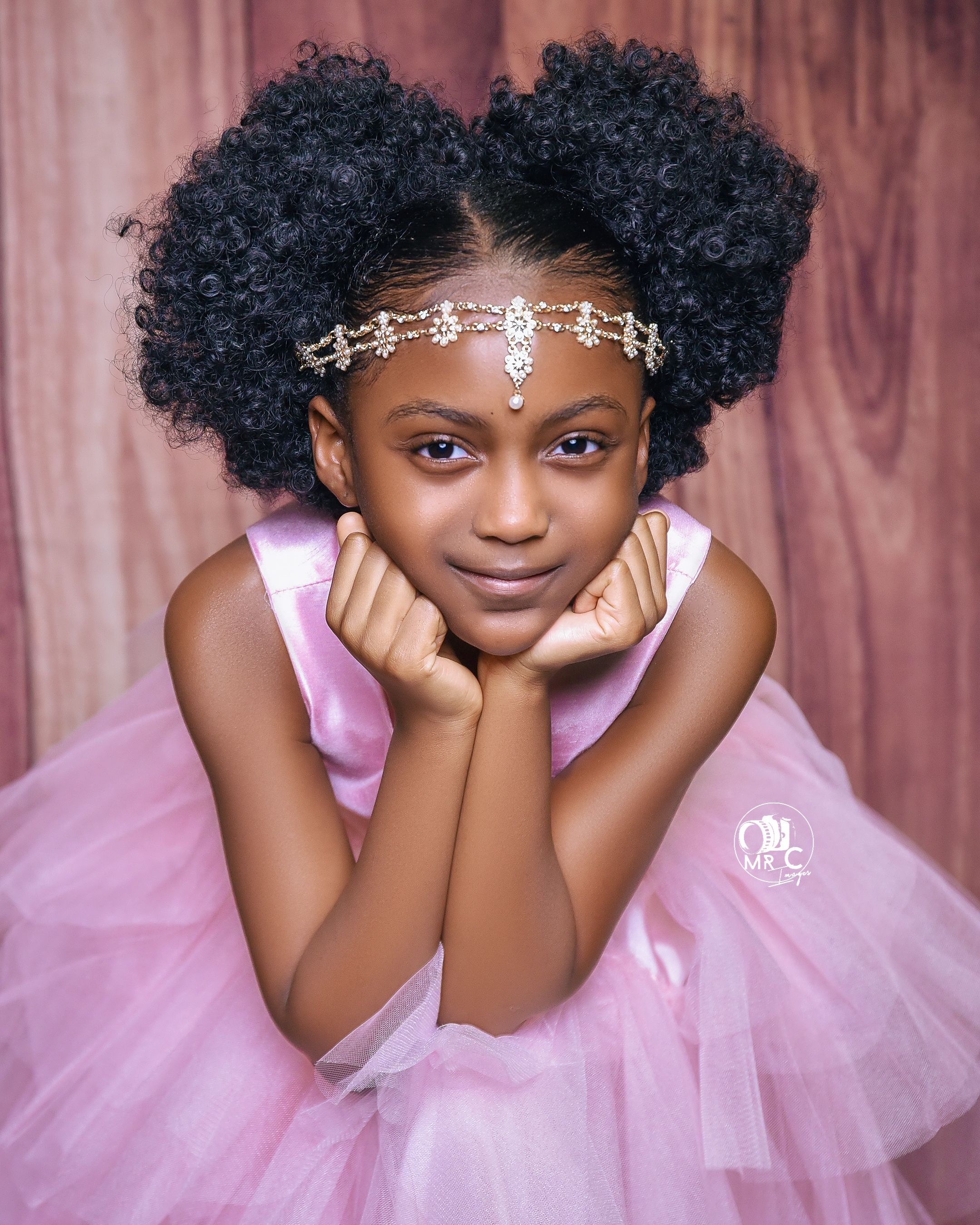 Child in pink tulle dress with silver headpiece rests head on hands against wooden backdrop.