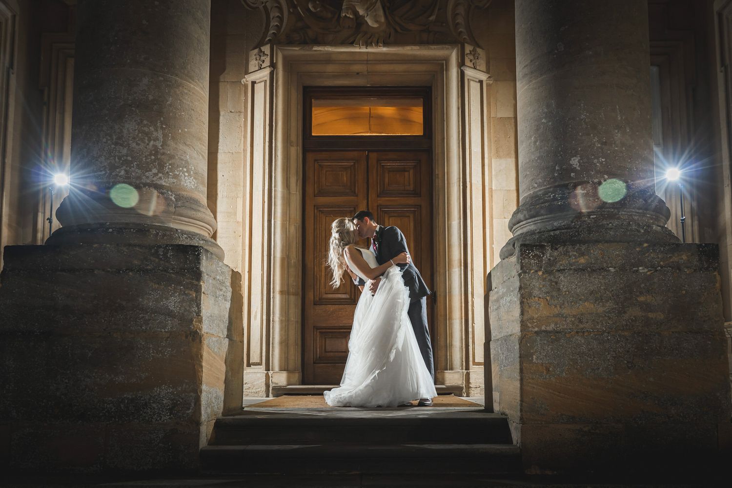 Off camera flash wedding bride and groom Heythrop Park