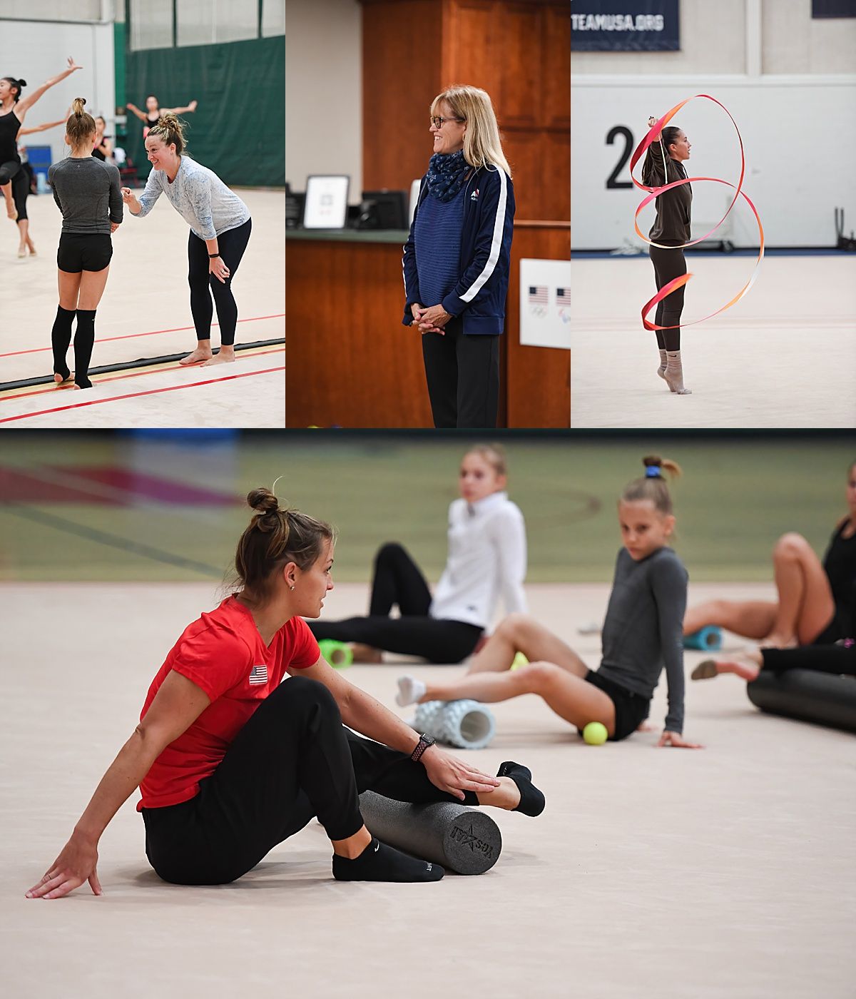 Rhythmic Gymnastics Squad Camp Staff: Christina Brown, Caitlan Mags, Amanda Till, Karina Lykhvar